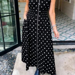 Black Polka Dot Print Contrast Trim V Neck Zip Up Sleeveless Dress