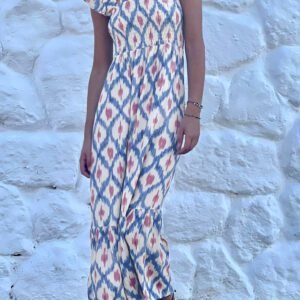 Sky Blue Ethnic Geometric Print Square Neck Smocked High Waist Ruffle Sleeve Dress