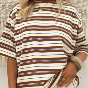 Brown Stripe Womens Casual Oversized Tee
