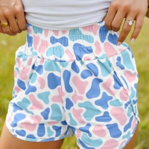 Sky Blue Camouflage Print Shirred High Waist Athleisure Shorts