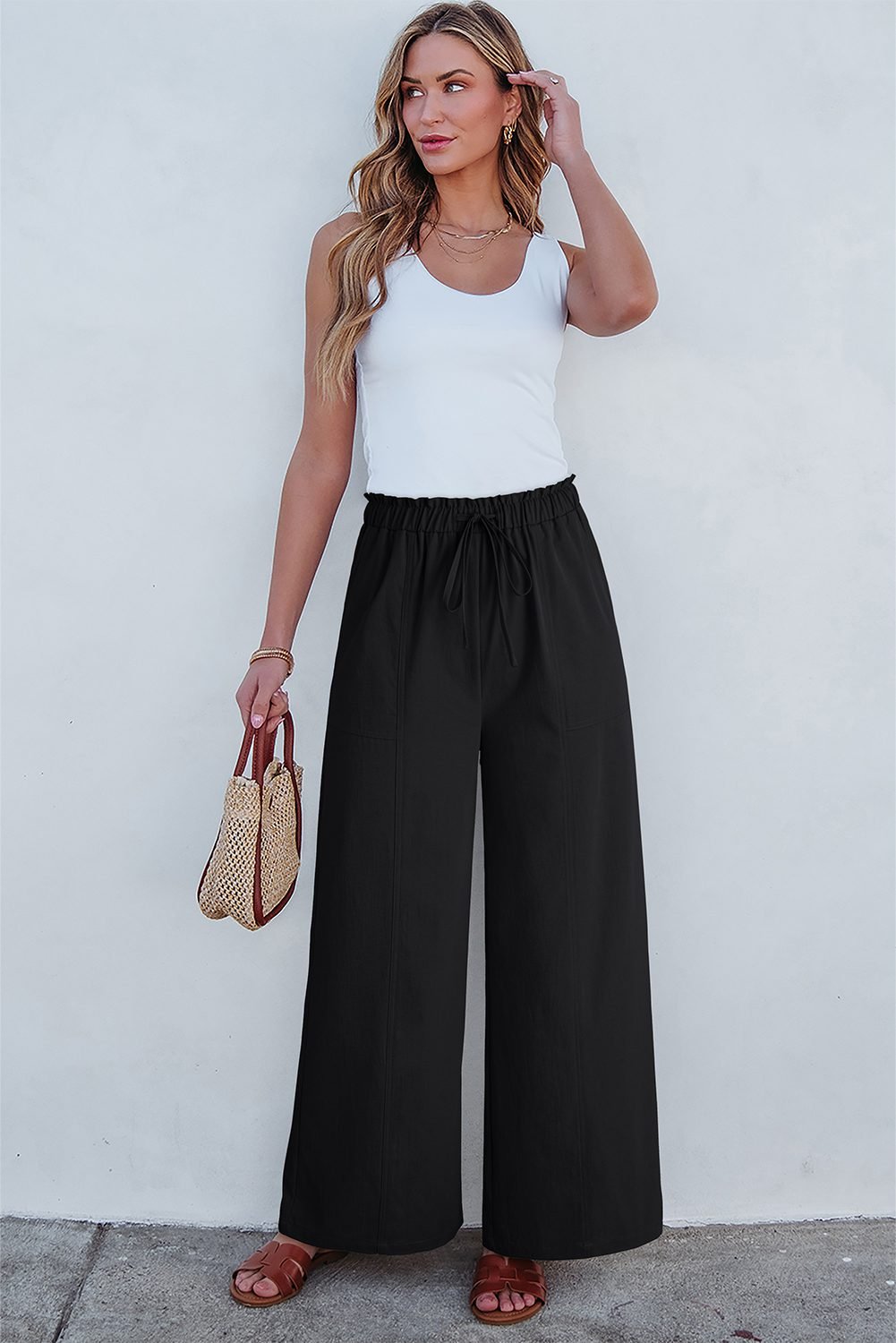 Black Solid Color Drawstring Elastic Waist Casual Loose Pants