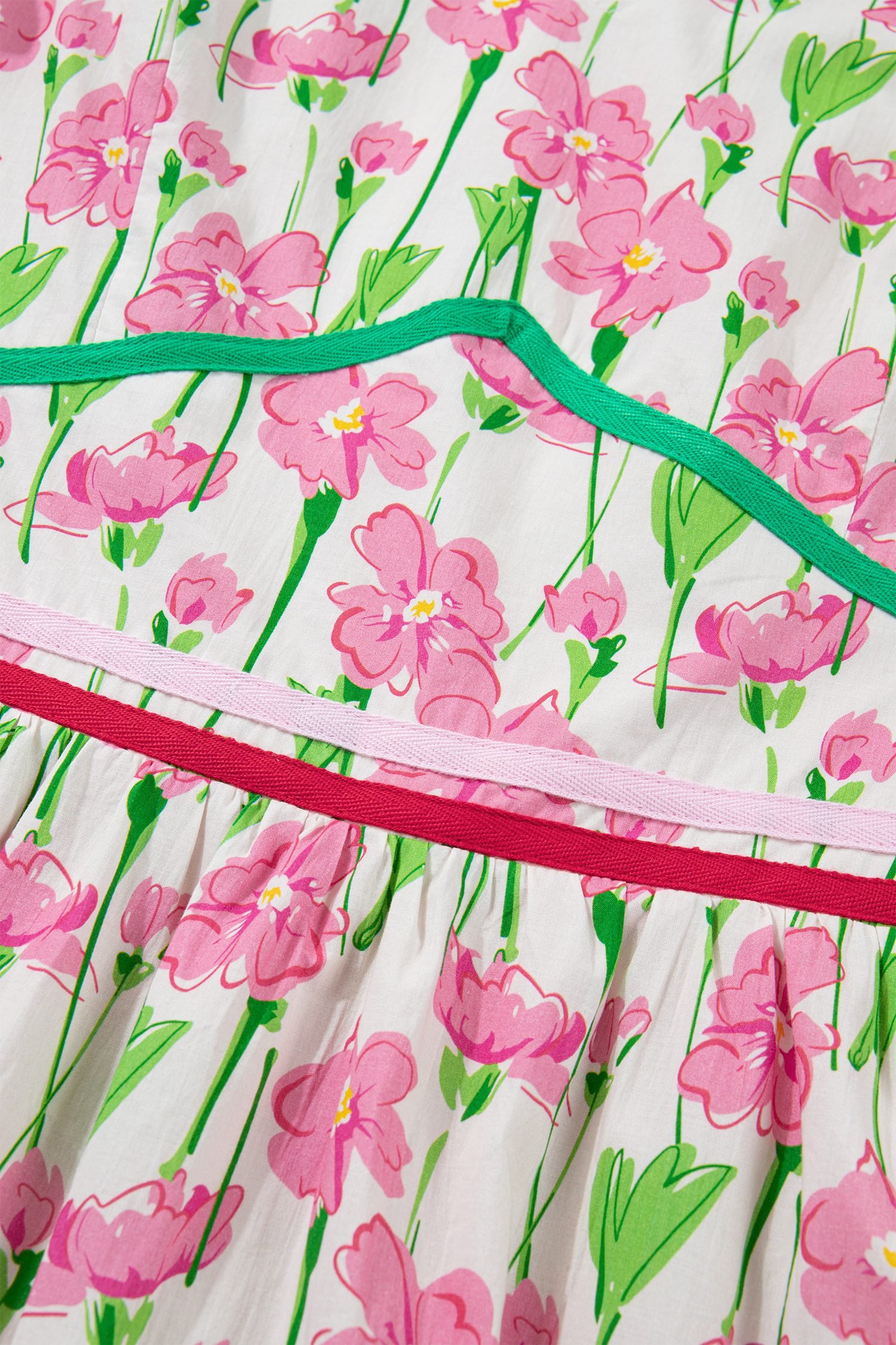 Pink Floral Print Contrast Trim V Neck Short Sleeve Elegant Midi Dress