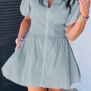 Beau Blue Solid Color Textured V Neck Zip Up Shirred High Waist Mini Dress