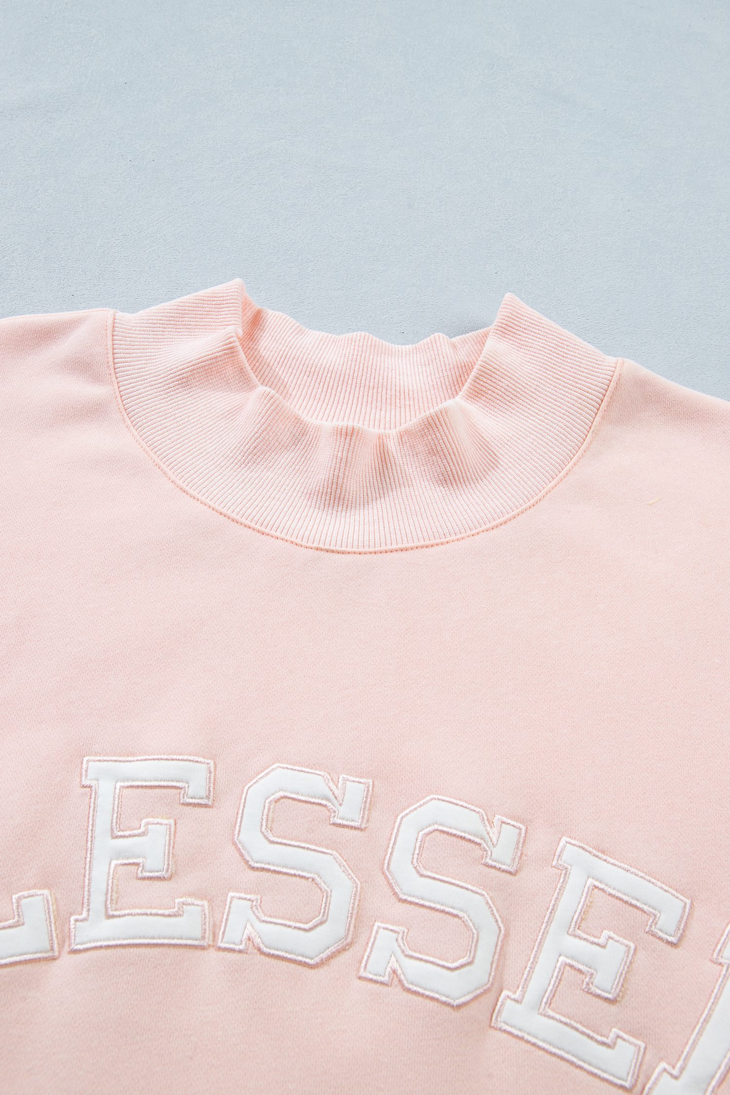 Light Pink BLESSED Embroidered Trim Patch Graphic Plus Size Mock Neck Sweatshirt
