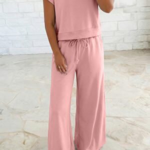 Light Pink Solid Color Loose Tee Drawstring Wide Leg Pants 2pcs Outfit