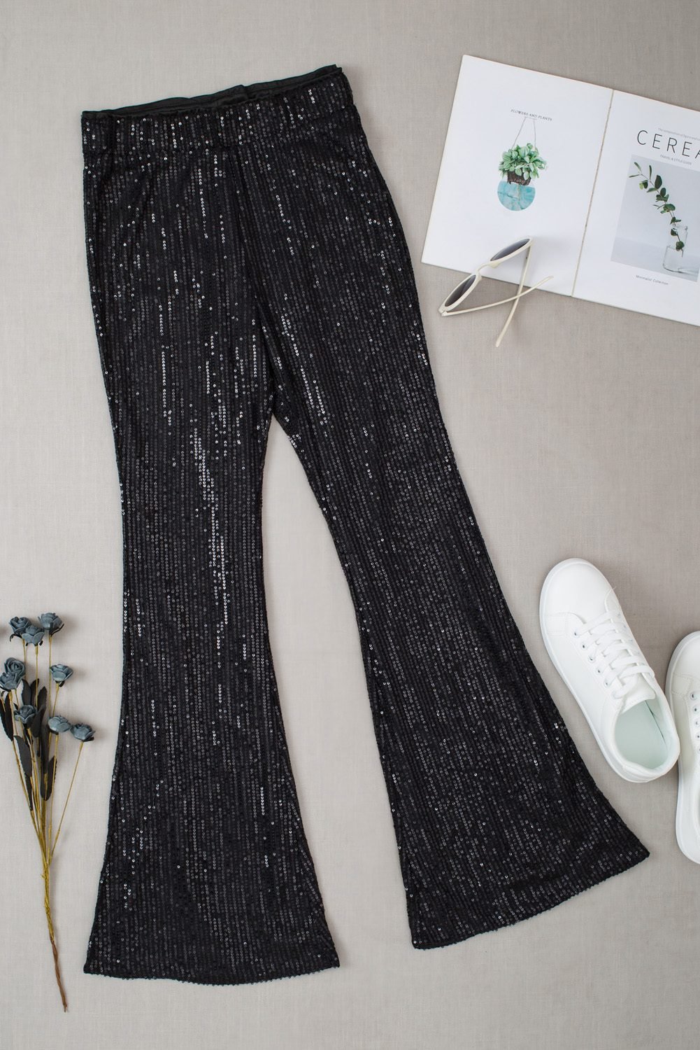 Black Sequin Wide Leg Pants