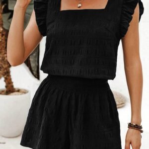 Black Textured Square Neck Top and Shirred High Waist Shorts Set