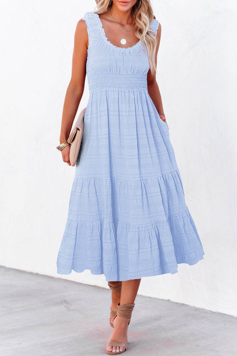 Sky Blue Shirred Pleated Square Neck Sleeveless Midi Dress