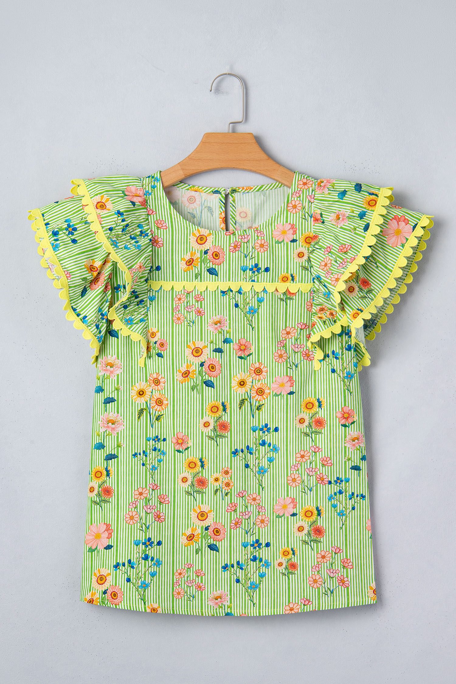 Green Stripe Floral Printed Scalloped Detail Ruffle Short Sleeve Blouse