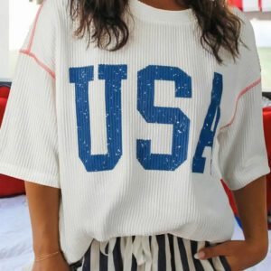 White USA Graphic Half Sleeve Loose Ribbed Top