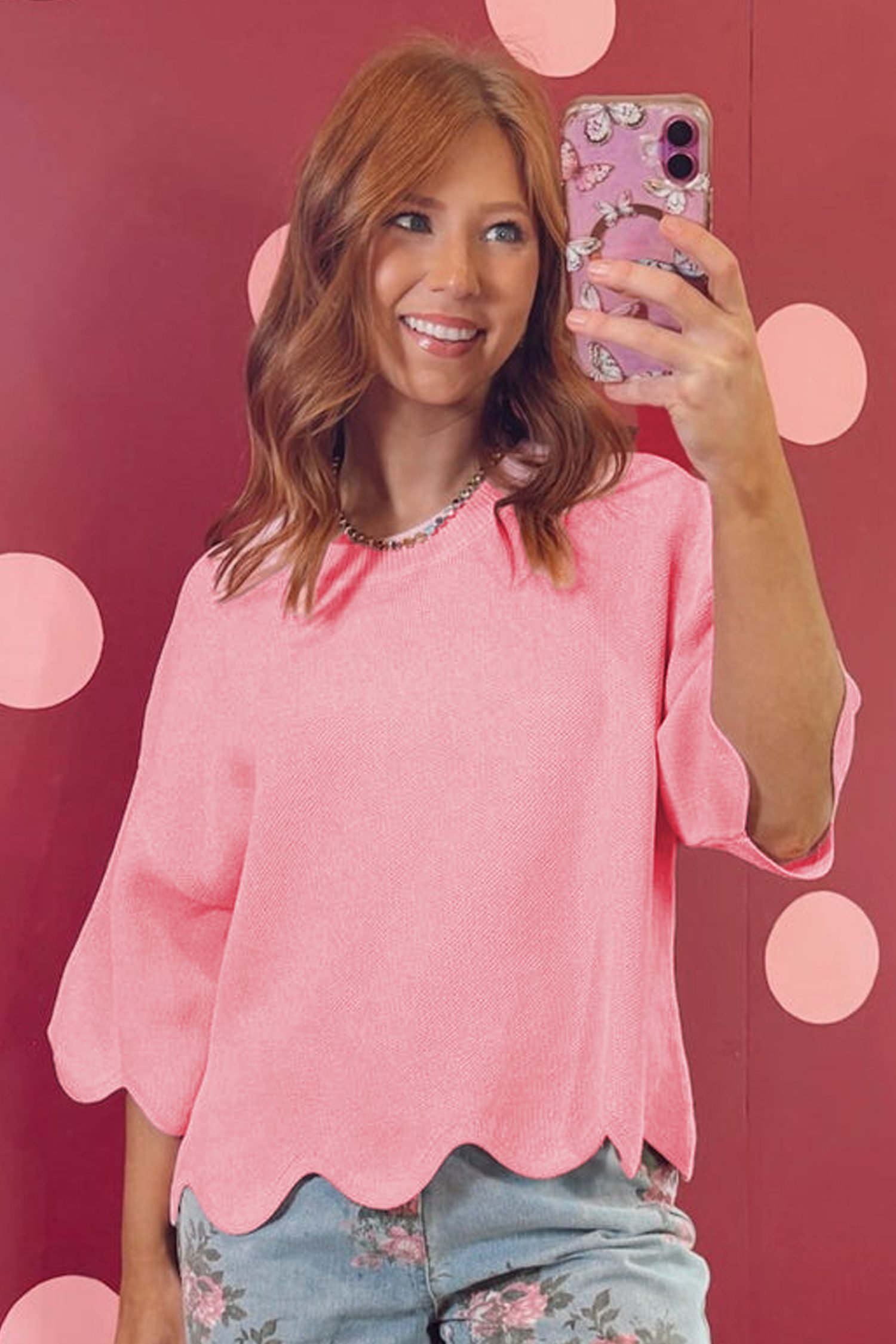 Pink Scalloped Hem 3/4 Sleeve Sweater Top