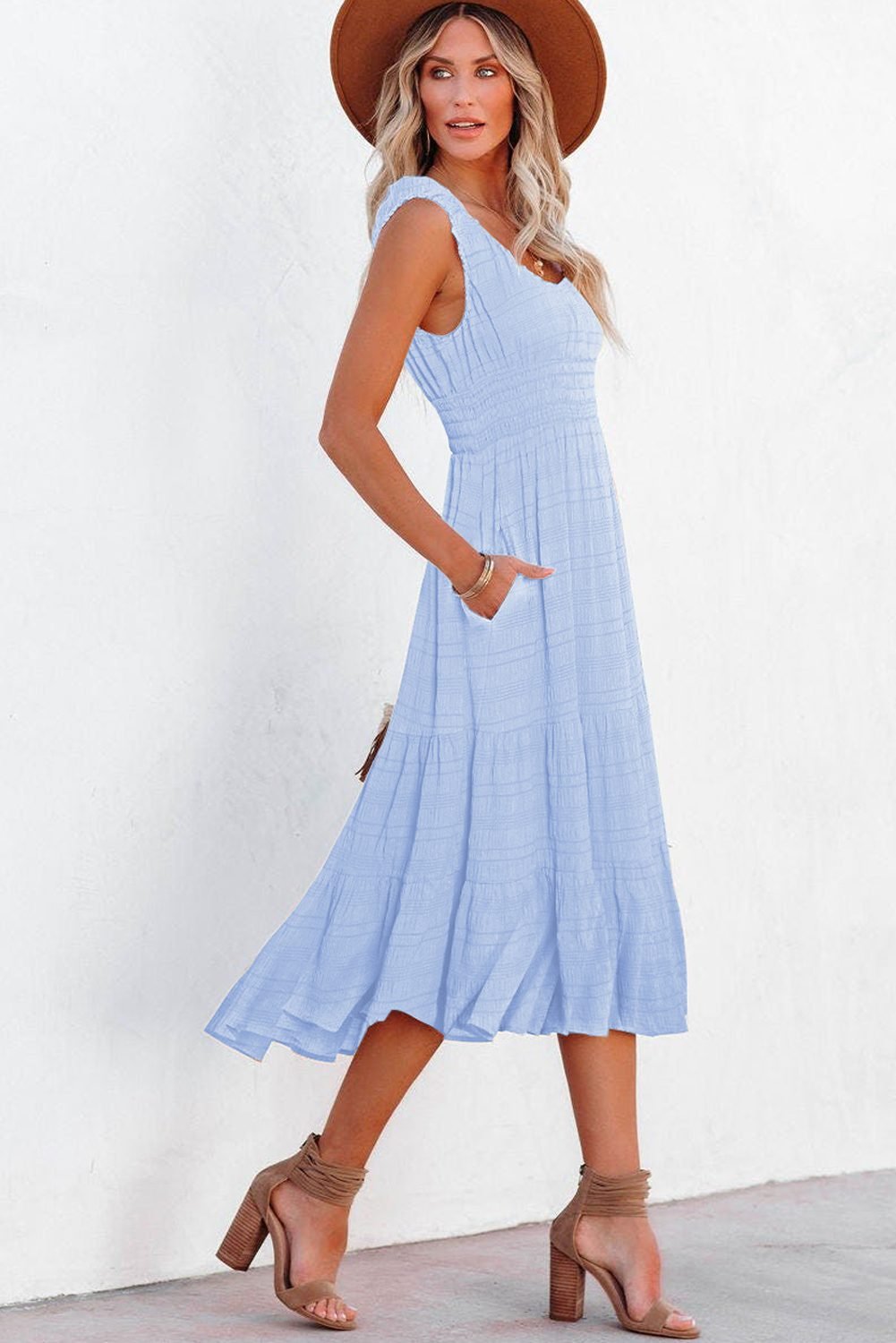 Sky Blue Shirred Pleated Square Neck Sleeveless Midi Dress