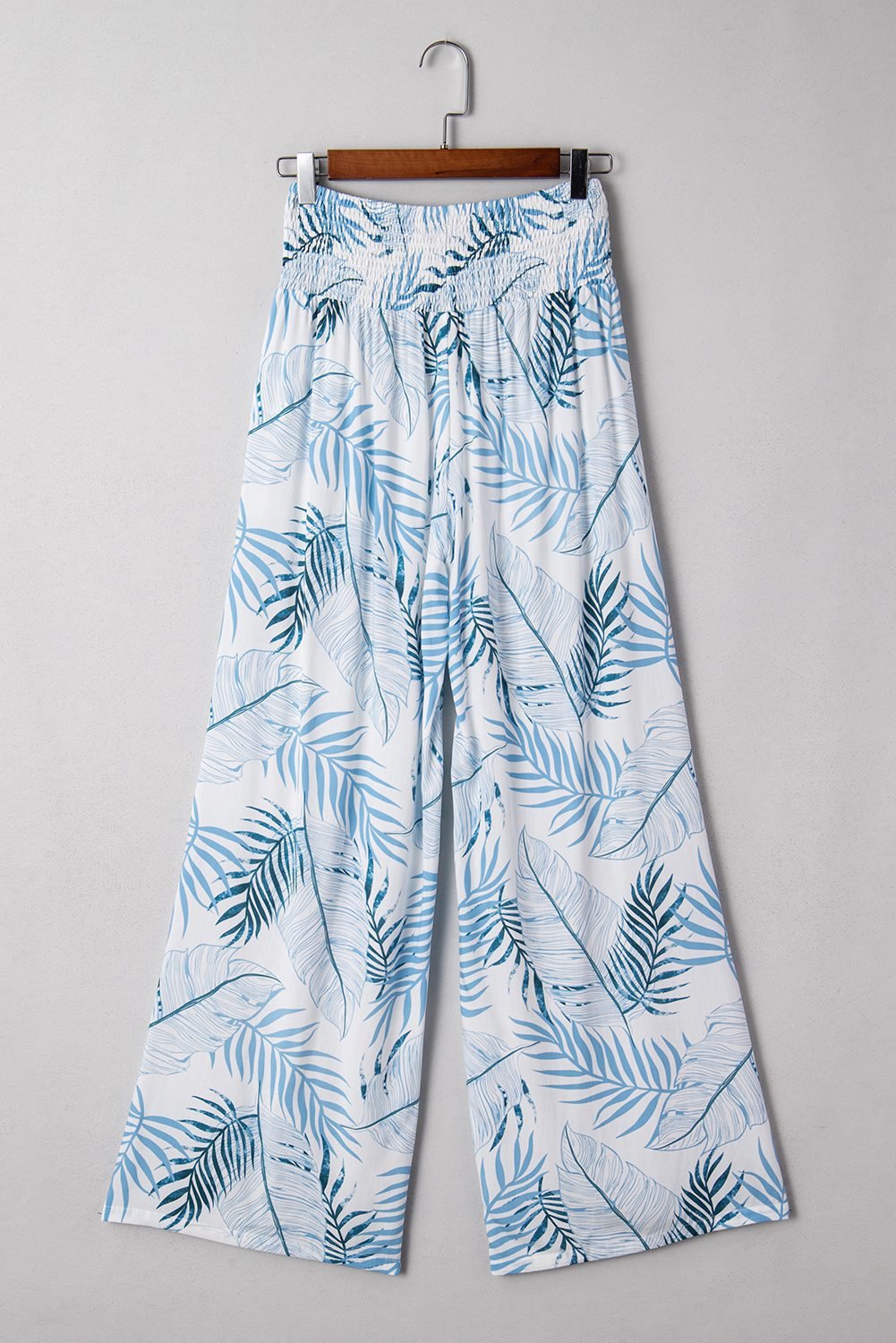 Sky Blue Geometric/ Floral/ Botanic Print Shirred Waistband Wide Leg Pants
