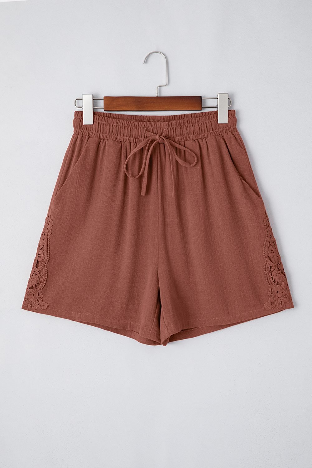 Chestnut Lace Splicing Drawstring Elastic Waist Loose Linen Shorts