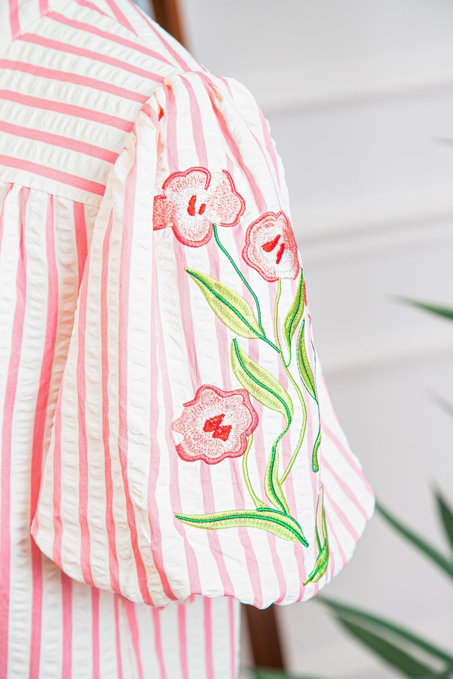 Pink Stripe Print Floral Embroidered Puff Sleeve V Neck Blouse