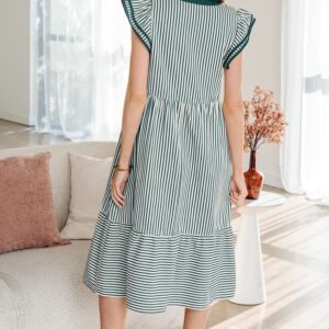 Green Stripe Double Ruffled Short Sleeve Contrast Trim V Neck Midi Dress