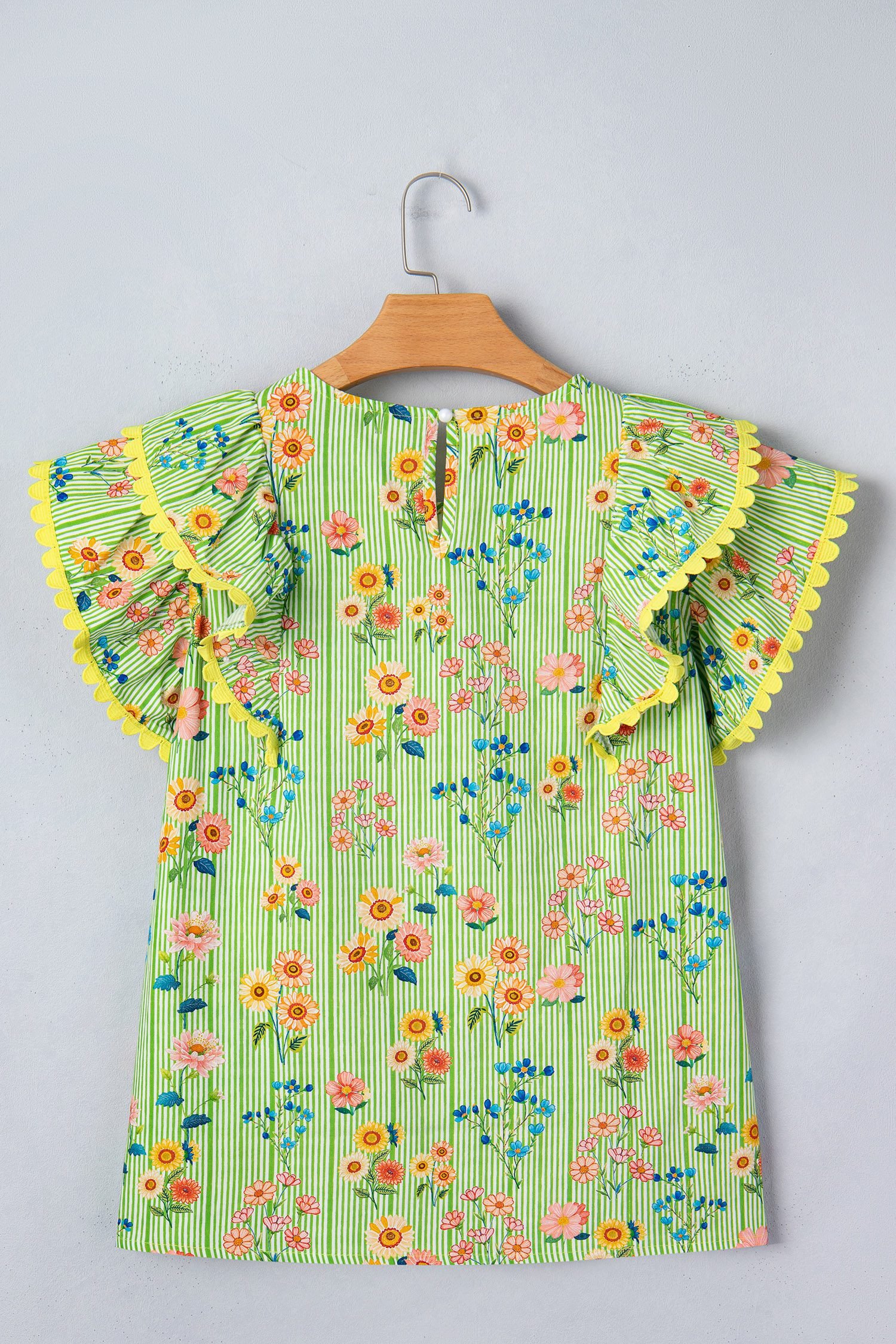 Green Stripe Floral Printed Scalloped Detail Ruffle Short Sleeve Blouse