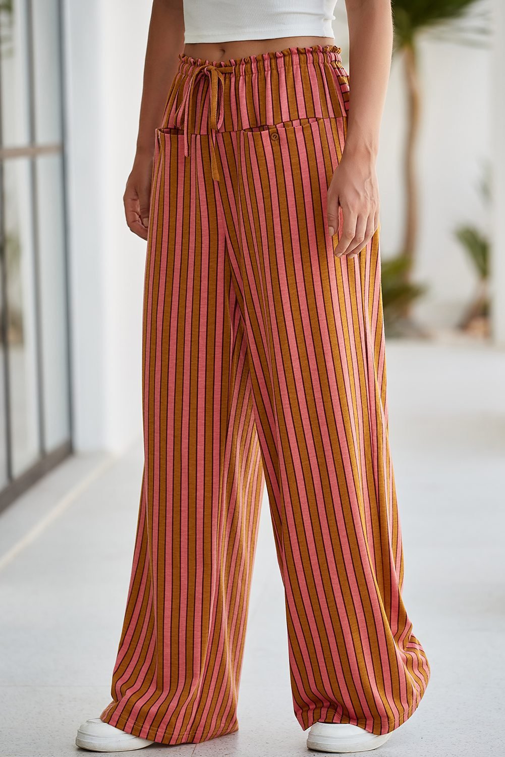 Red Stripe Button Pocket Tie Waist Casual Wide Leg Pants