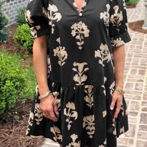 Black Frilled V Neck Puff Short Sleeve Floral Mini Dress