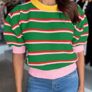 Green Stripe Colorblock Trim Half Sleeve Sweater Top