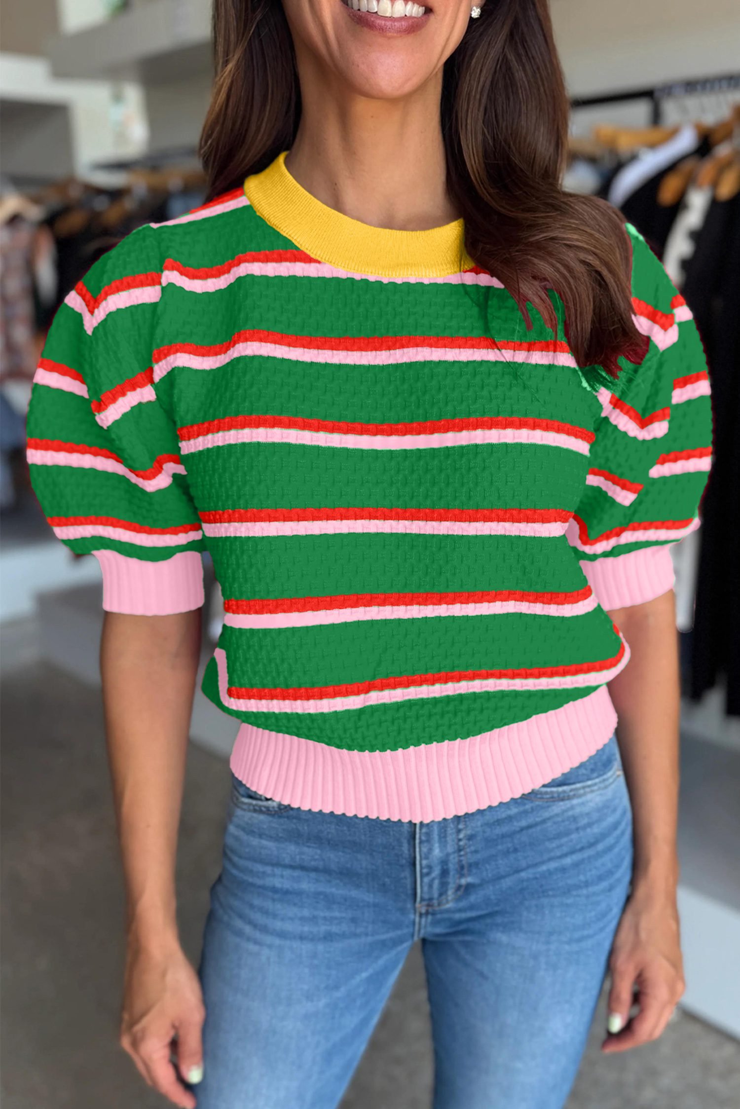 Green Stripe Colorblock Trim Half Sleeve Sweater Top