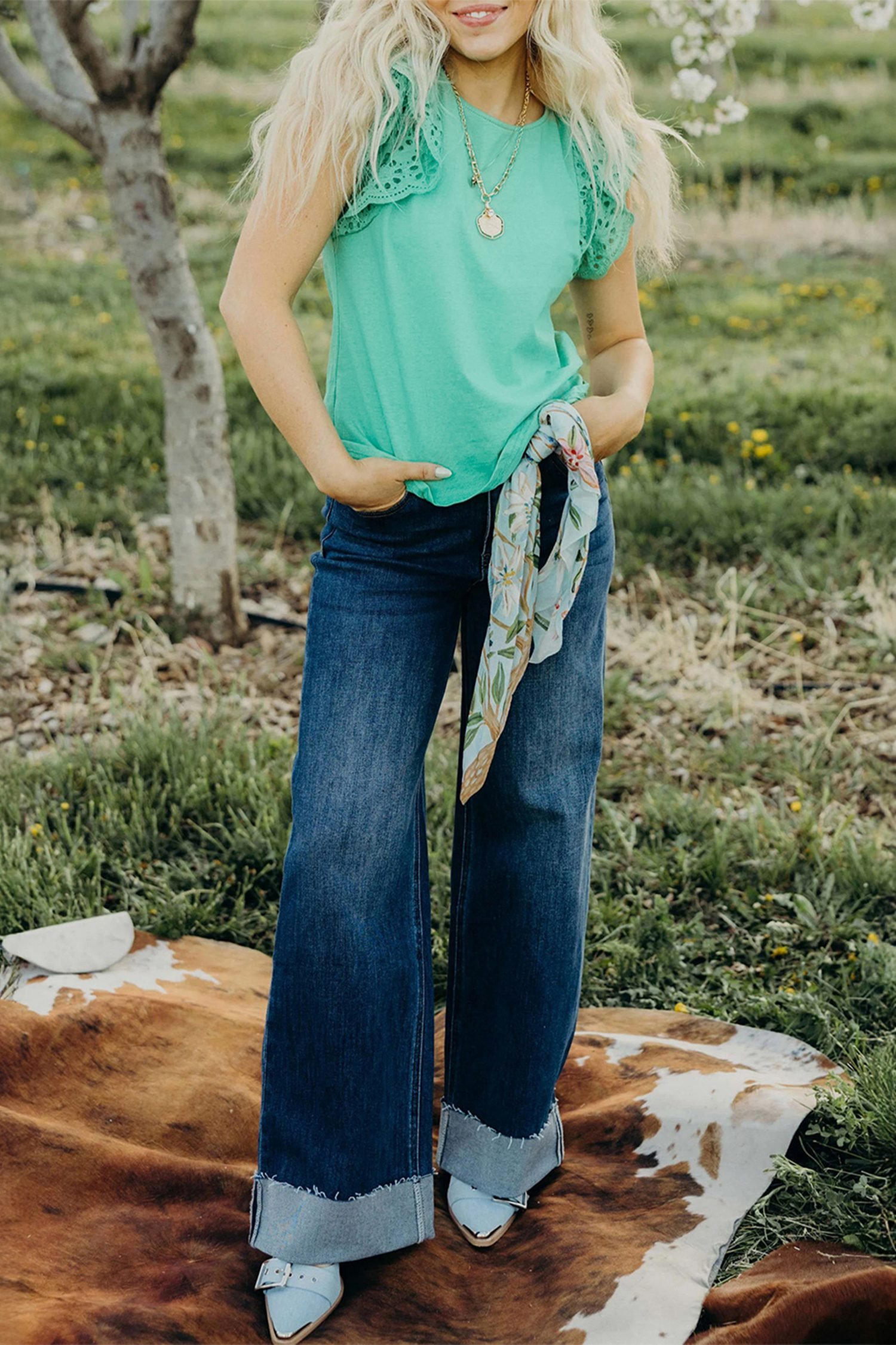Mint Green Eyelet Lace Ruffled Cap Sleeve Top