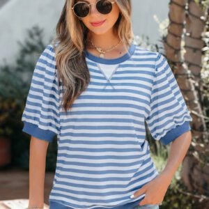 Sky Blue Stripe Short Bubble Sleeve T Shirt