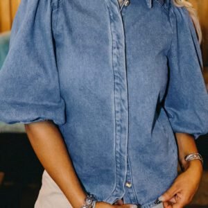 Blue Puff Half Sleeve Collared Denim Shirt