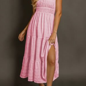 Pink Shirred Pleated Square Neck Sleeveless Midi Dress