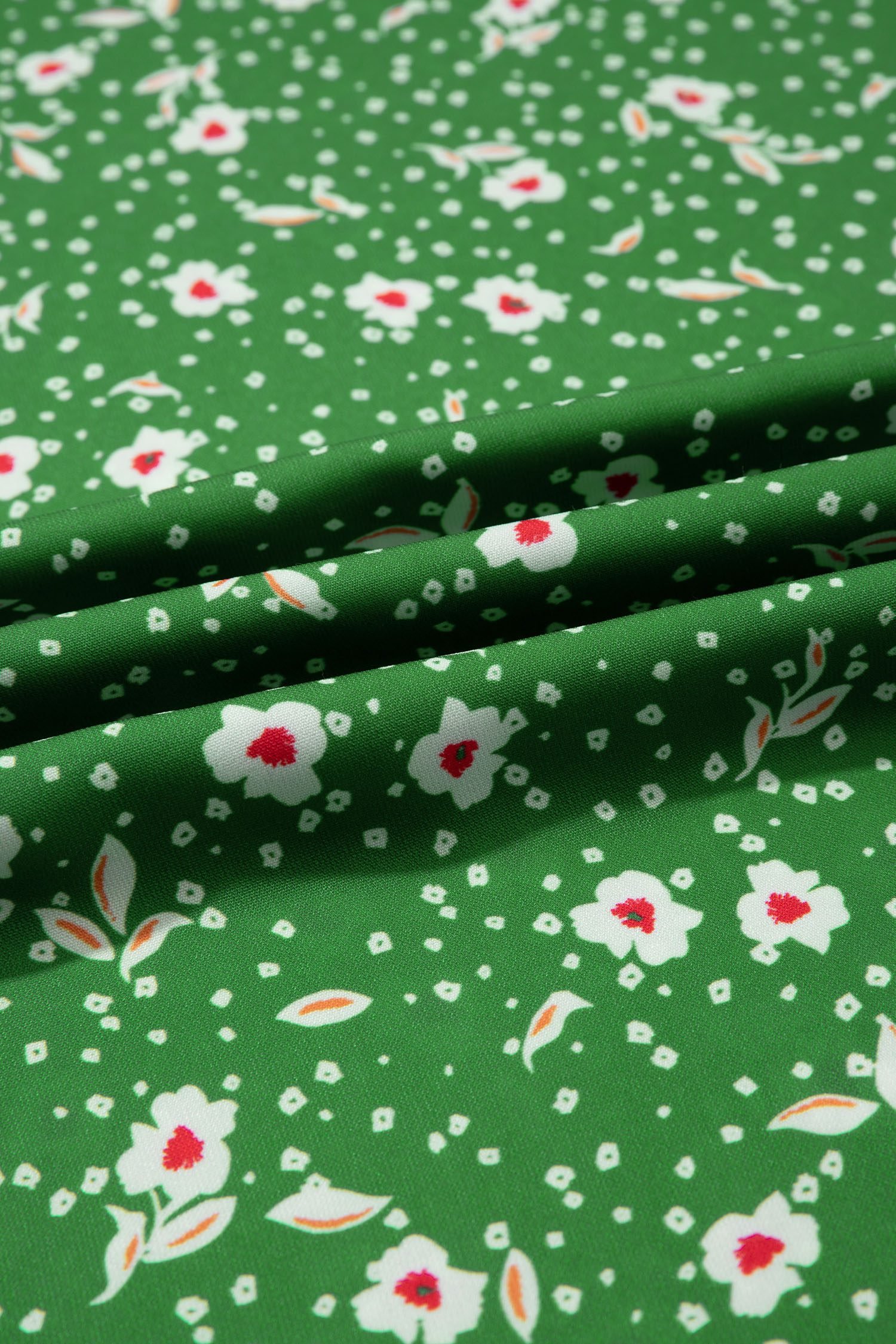 Green Abstract Print Embroidered Trim V Neck Drawstring High Waist Loose Vacation Dress