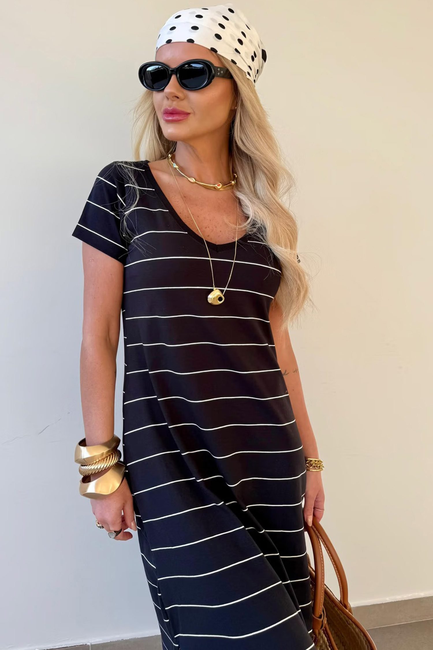 Black Stripe Casual Short Sleeve Side Slit Maxi T Shirt Dress