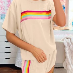 Beige Vibrant Striped Detail Athleisure 2pcs Short Set