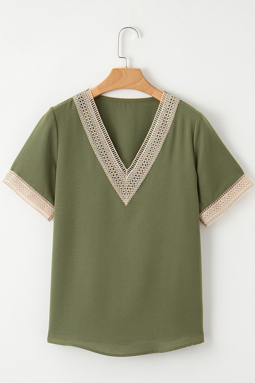Green Lace Trim V Neck Short Sleeve Blouse