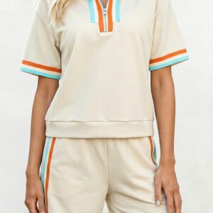 Apricot Colorful Striped Detail Half Zip Polo Tee Loose Shorts Set
