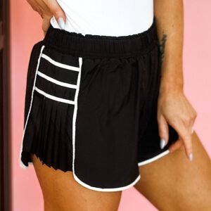 Black Contrast Trim Pleated Casual Active Shorts