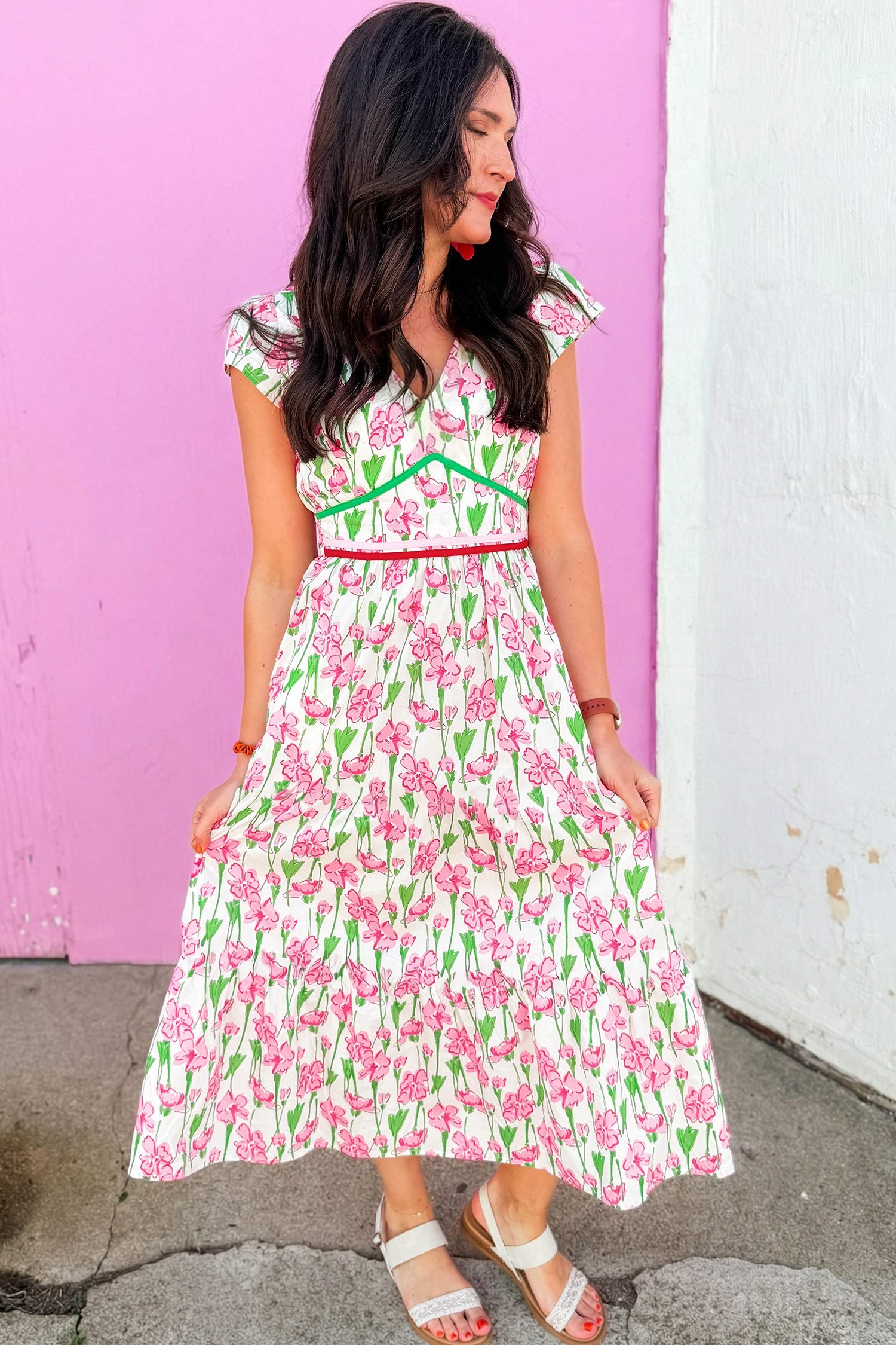 Pink Floral Print Contrast Trim V Neck Short Sleeve Elegant Midi Dress