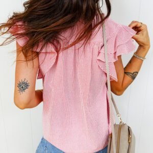 Red Stripe Frilly Split Neck Double Ruffled Short Sleeve Blouse