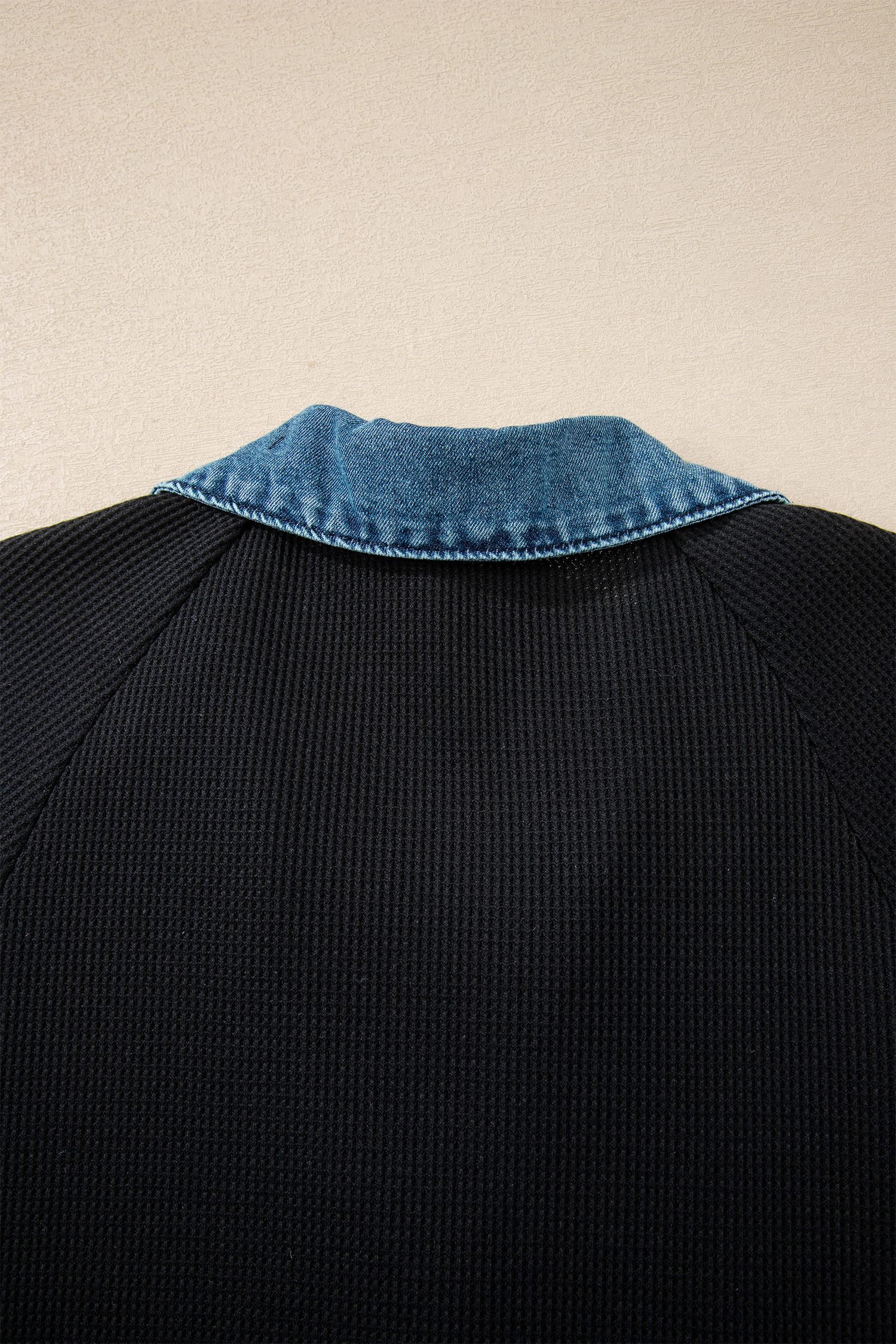 Black Waffle Knit Denim Contrast Trim Patchwork Button Polo Tee Dress