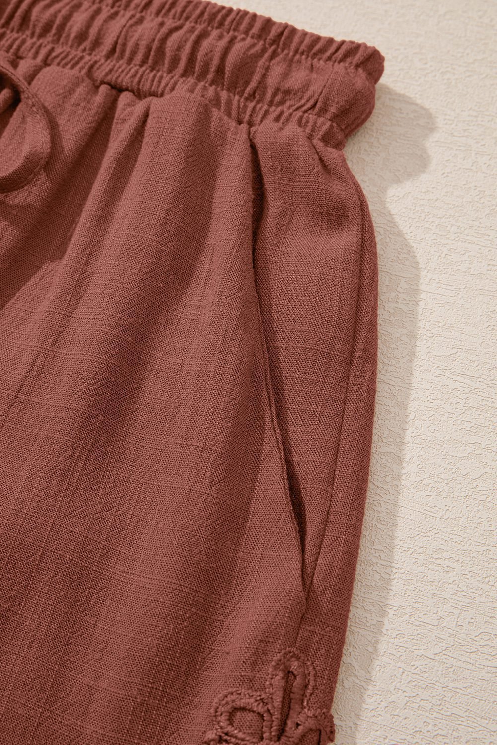 Chestnut Lace Splicing Drawstring Elastic Waist Loose Linen Shorts