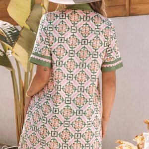 Multicolour Boho Geometric Flower Print Short Sleeve Loose Mini Dress