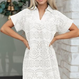 White Solid Color Eyelet Embroidered T Shirt Mini Dress