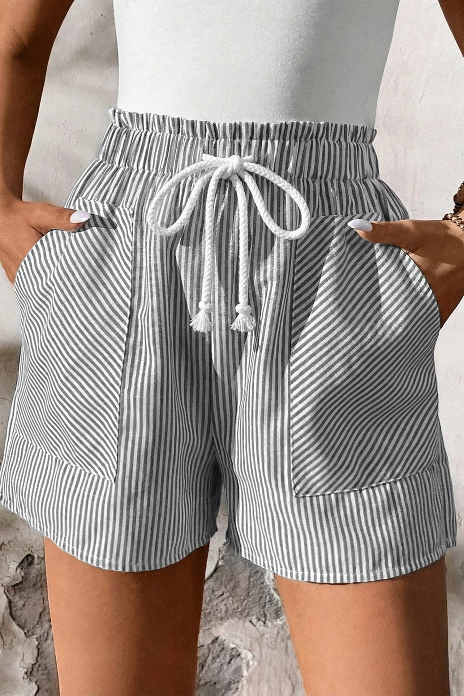 Gray Stripe Lace-up Elastic Waist Casual Pocketed Shorts
