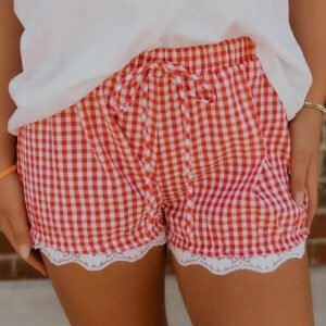 Red Gingham Plaid Tie Elastic Waist Lace Patchwork Hem Casual Shorts