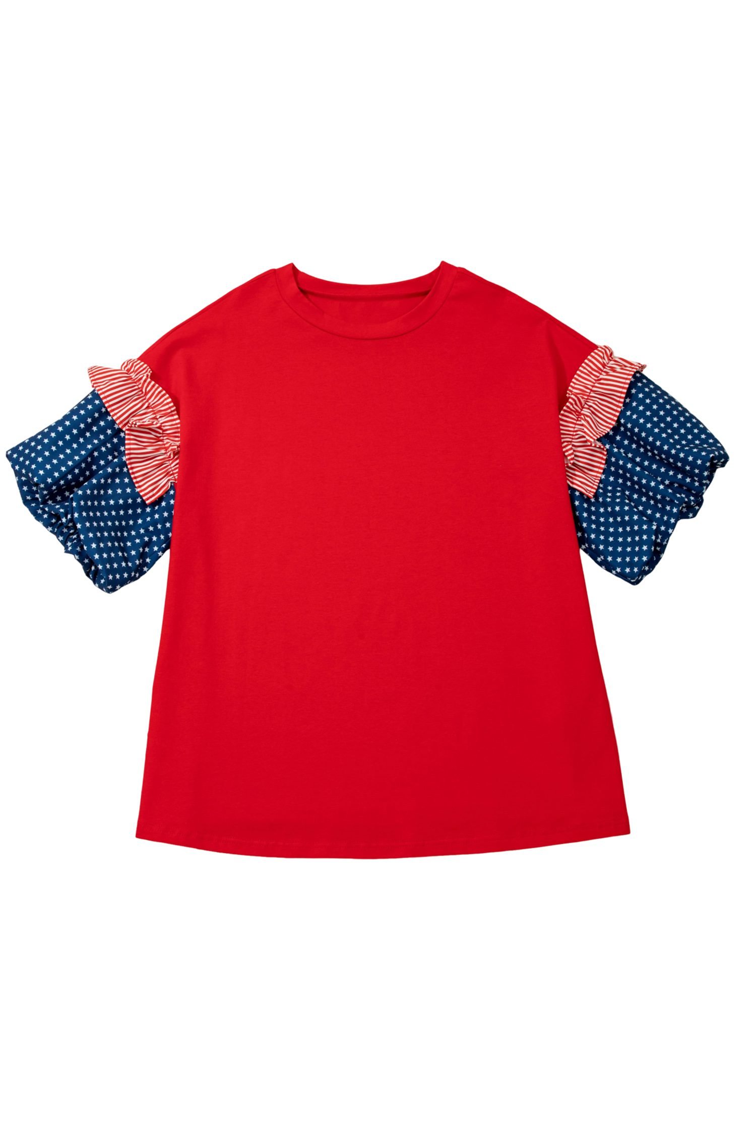 Fiery Red Plus Size Striped Ruffles Star Short Bubble Sleeve Patchwork Top