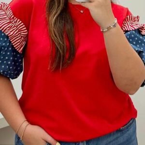 Fiery Red Plus Size Striped Ruffles Star Short Bubble Sleeve Patchwork Top