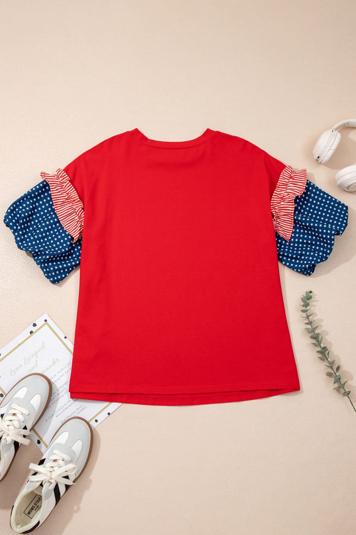 Fiery Red Plus Size Striped Ruffles Star Short Bubble Sleeve Patchwork Top
