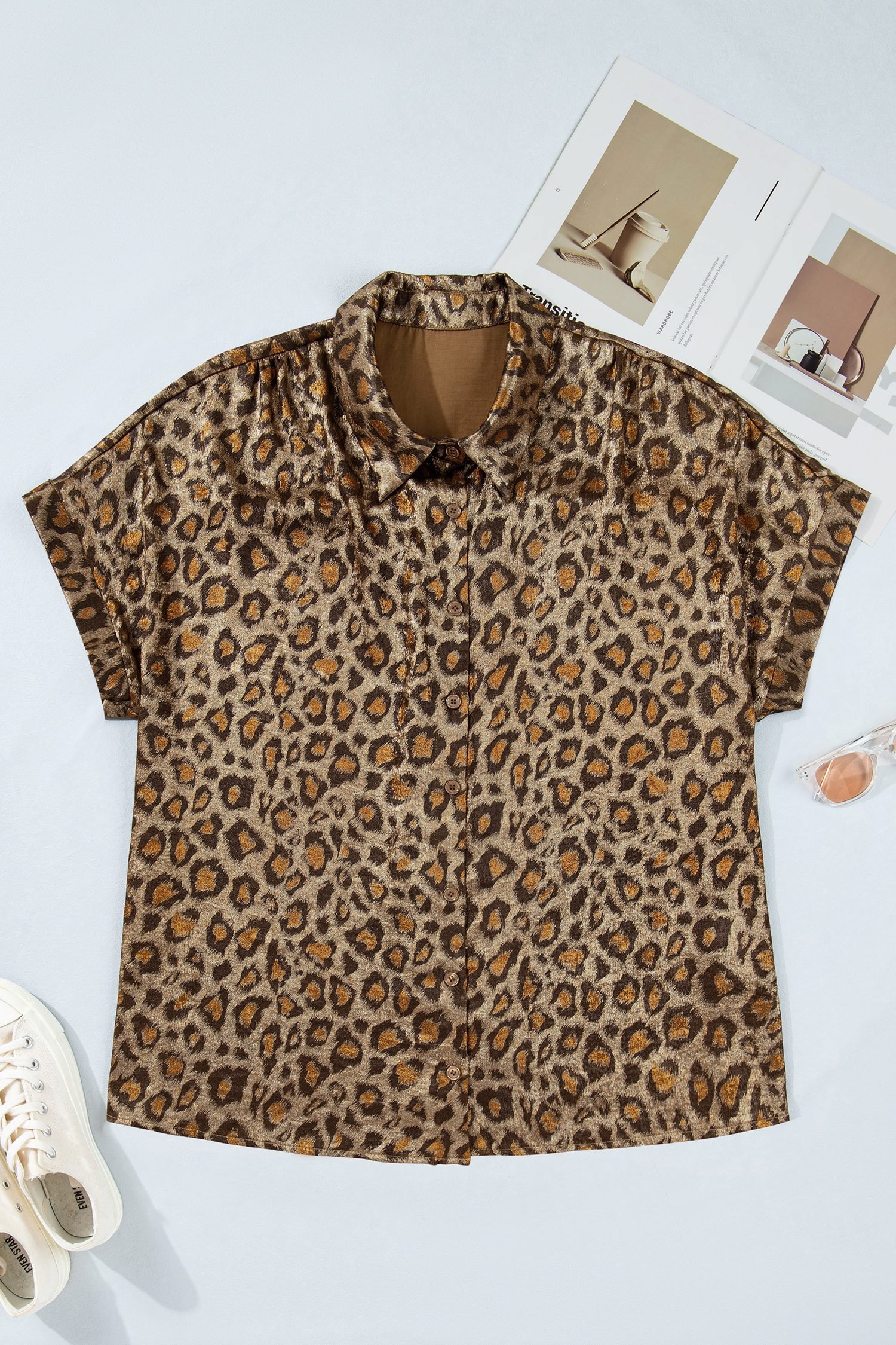 Gold Plus Size Leopard Print Short Sleeve Dolman Shirt