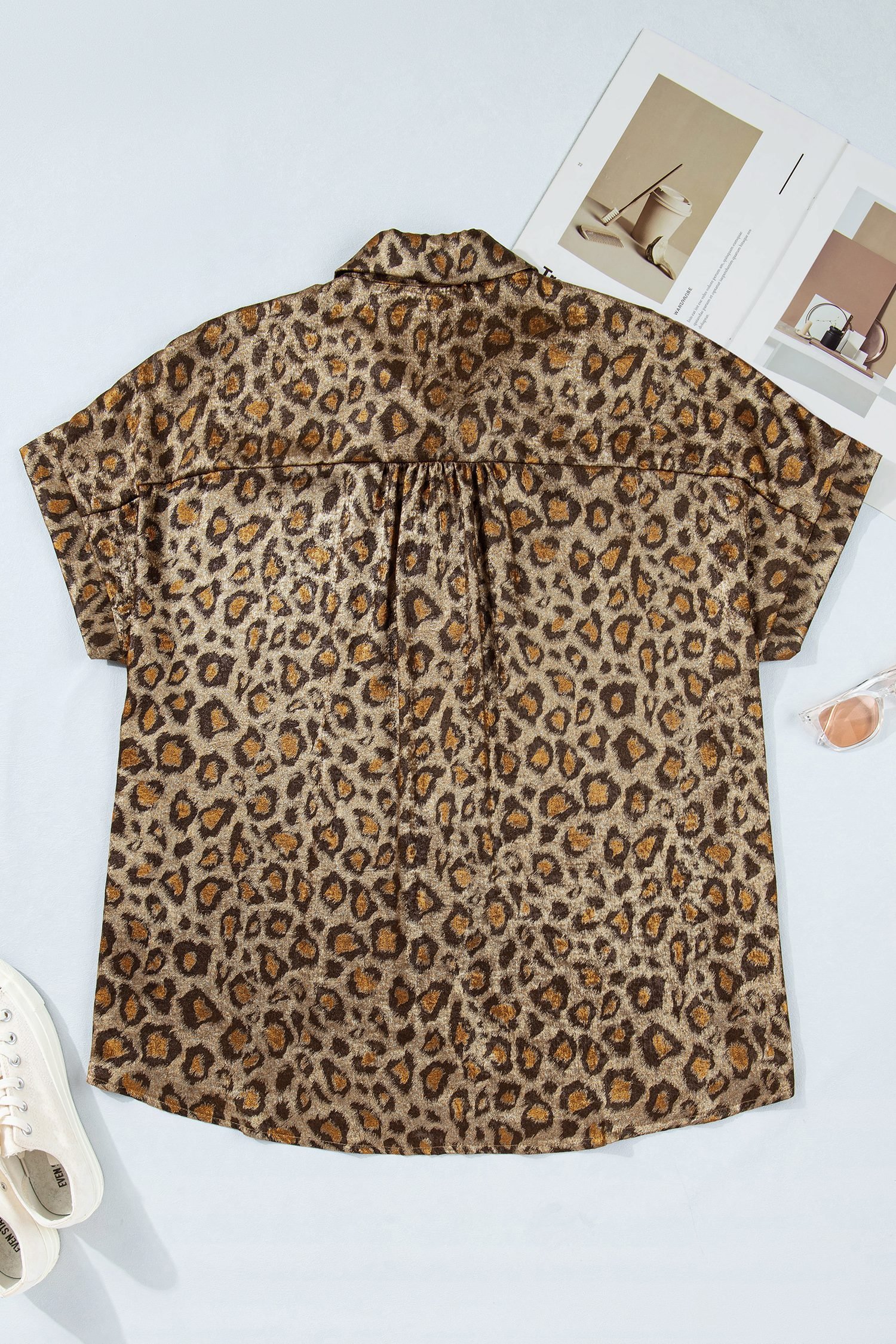 Gold Plus Size Leopard Print Short Sleeve Dolman Shirt