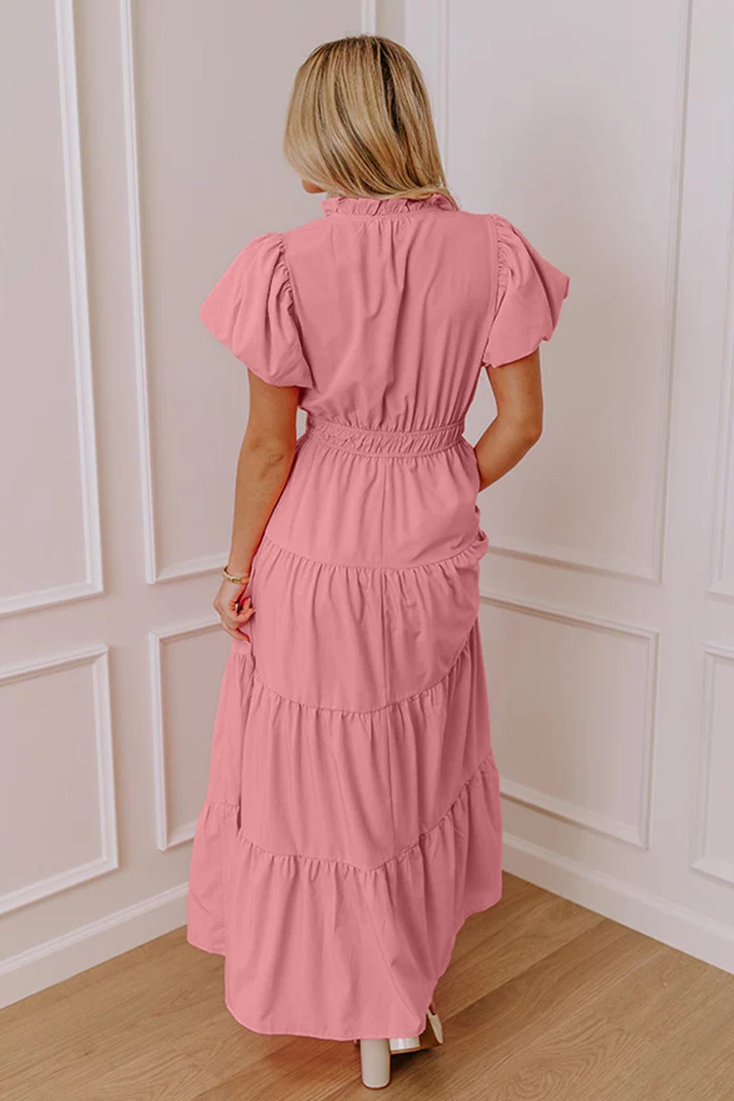 Gossamer Pink Solid Color V Neck Short Puff Sleeve High Waist Tiered Maxi Dress