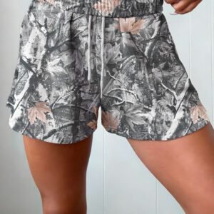 Gray Abstract Maple Leaf Printed Tie Elastic Waist Shorts